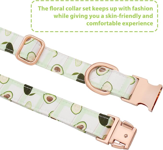 Dog Collar and Leash Set Adjustable Girls Puppy Floral Collars with Bow Tie for Small Medium Large Dogs(S, Avocado)