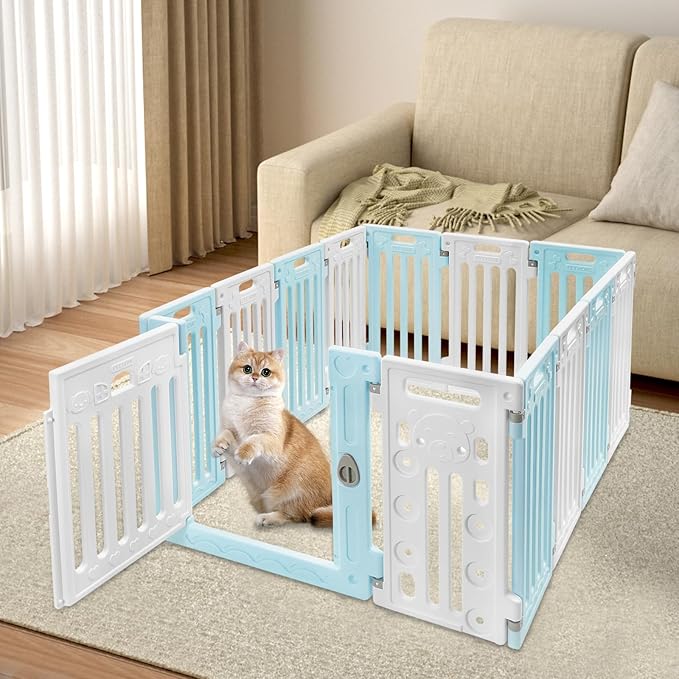 Dog Playpen with Door, 12 Panels Pet Safety Fence Foldable Puppy Pen Indoor Dog Fence, Plastics Enclosure Dog Pen Indoor for Small Dogs and Cats, Easy Assemble (Blue)