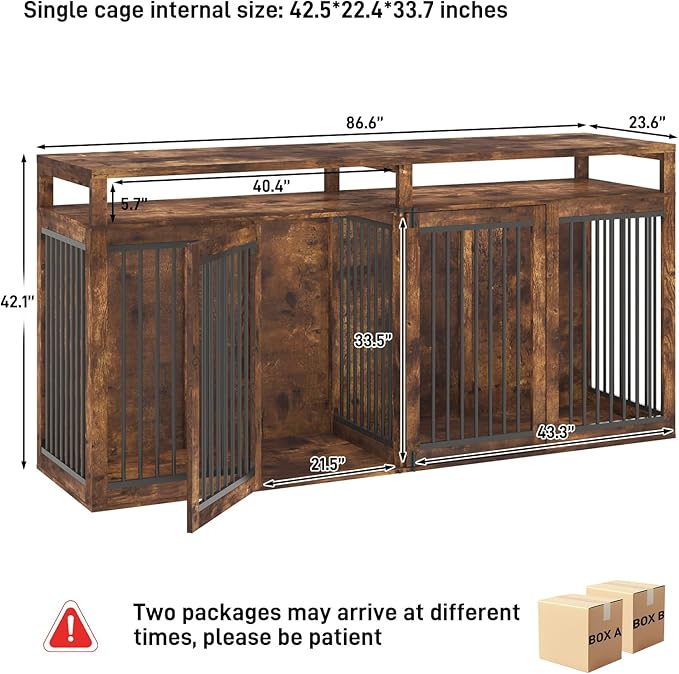87In Extra Large Dog Crate Furniture for 2 Dogs, Farmhouse Dog Kennel Furniture, Dog Crate TV Stand with Solid Metal Tube & 4 Lockable Doors, Heavy-Duty Double Cage Dog, Rustic Brown
