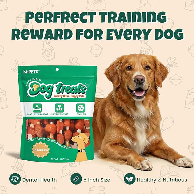 M-PETS Dog Treats, 5 Flavor Dogs Kabob Snacks Long Lasting Chews, Made with Real Chicken and Duck Jerky Meat 18pcs Rawhide Sticks