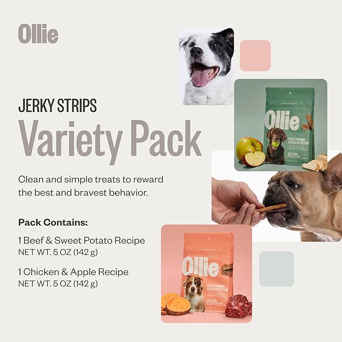 Ollie Jerky Dog Treats Variety Pack, Chicken and Apple and Beef and Sweet Potato Bundle, All Natural, Healthy, Made with Real Meat 5 Oz. Pack of 2