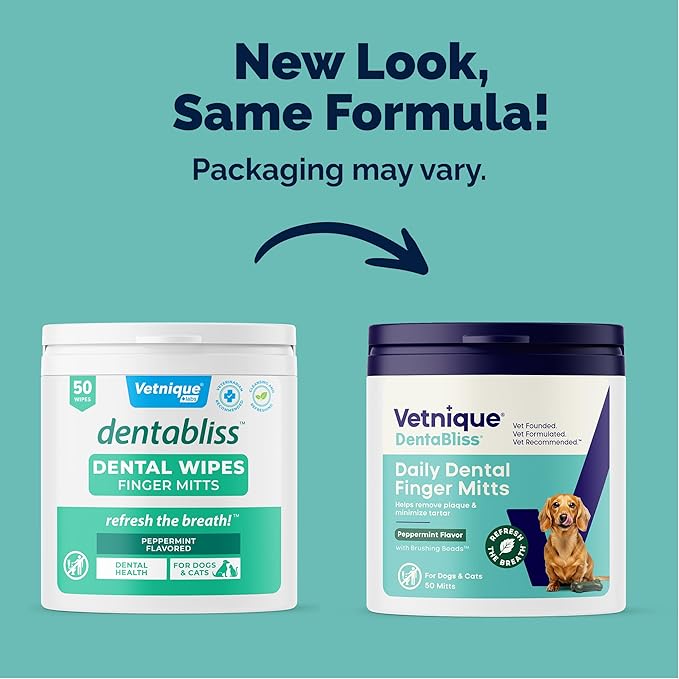 Vetnique Dentabliss - Dog Teeth Cleaning Finger Mitt Dental Wipe - Dog Plaque & Tartar Prevention with Brushing Beads - Flavored Dog Teeth Wipes, Dog Breath Freshener (Peppermint)