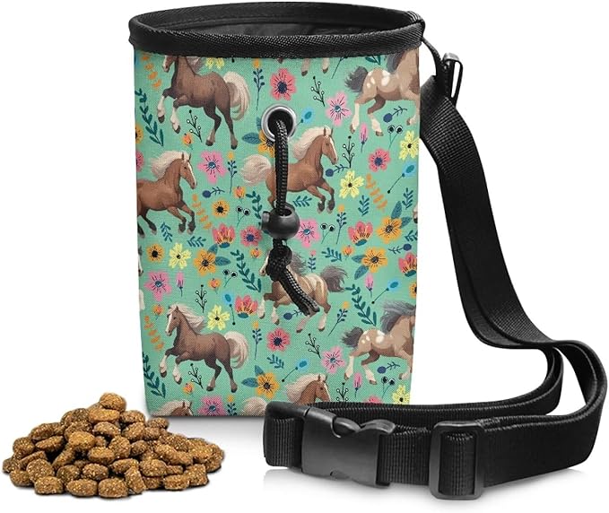 Horse Floral Dog Treat Pouch Versatile Puppy Dog Training Treat Bag Dog Food Dispenser Reward Pouch Perfect for Long Walks Or Training, 3 Ways to Wear, Easily Carrying