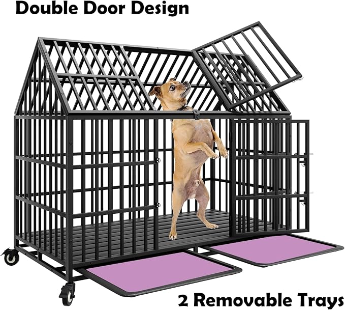 54 Inch Heavy Duty Indestructible Dog Crate with 2 Bowls, Escape Proof Indoor Double Door Cage with Wheels and Trays, Steel Kennel for High Anxiety Large Giant Dogs, XL/XXL