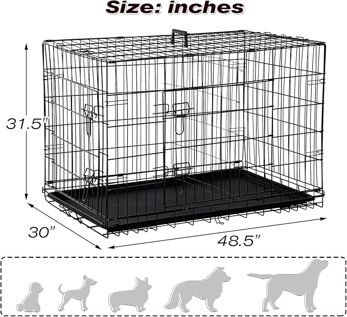 HCY, Dog Crate, Dog Kennel 48 Inch Double Door Metal Crate Foldable Puppy Supplies Cage with Divider Panel, Handle, Plastic Tray for Pet Animals Outdoor Indoor (48 Inch) ,Black, 48In