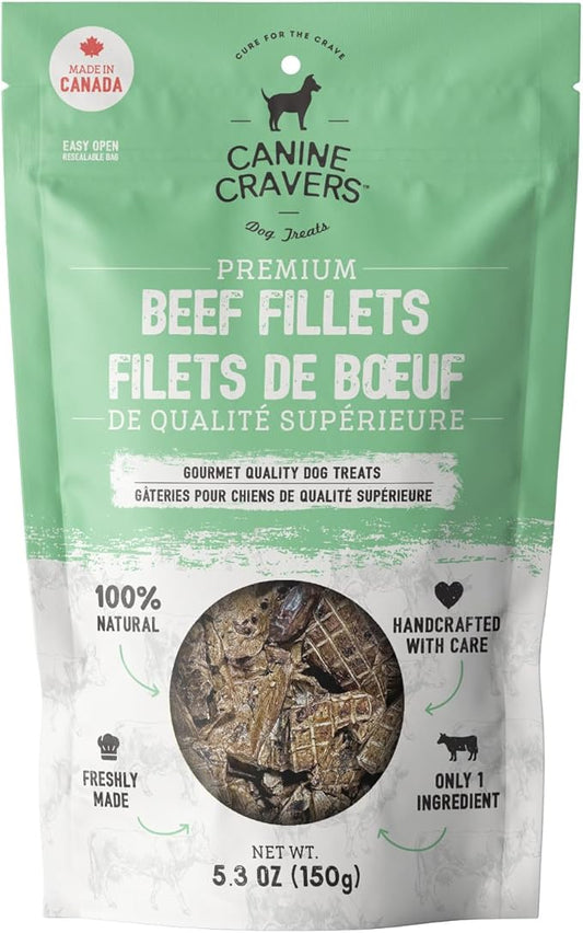 Canine Cravers Single Ingredient Dog Treats – Premium Beef Fillets - Human Grade Air Dried Hypoallergenic Pet Food – Grain, Gluten, and Soy Free – 100% All Natural - 5.3 oz