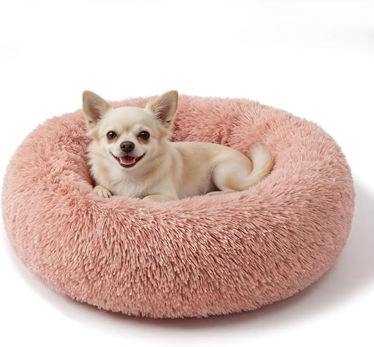 Calming Donut Dogs Beds for Small Dogs Washable,19inch Fluffy Round Puppy Bed for Puppies,Cats & Toy Breeds with Raised Rim,Fits up to 15 lbs Pets,Pink