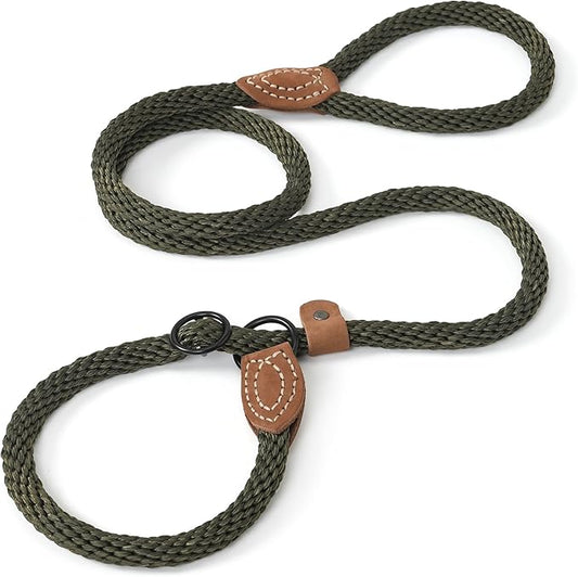 Mile High Life Slip Leads for Dogs | Heavy Duty Dog Training Leash | 5 Feet No Pull Slip Leashes w Leather Tip | Dark Green Rope Lead for Dogs Outside