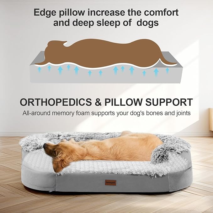 Fluffy 3.7 inch Thickened Orthopedic Dog Beds for Extra Large Dogs, Supportive Dog Sofa Bed with 28D Egg-Crate Foam, Removable Washable Cover, Waterproof Lining, Cozy Oval Design,Grey