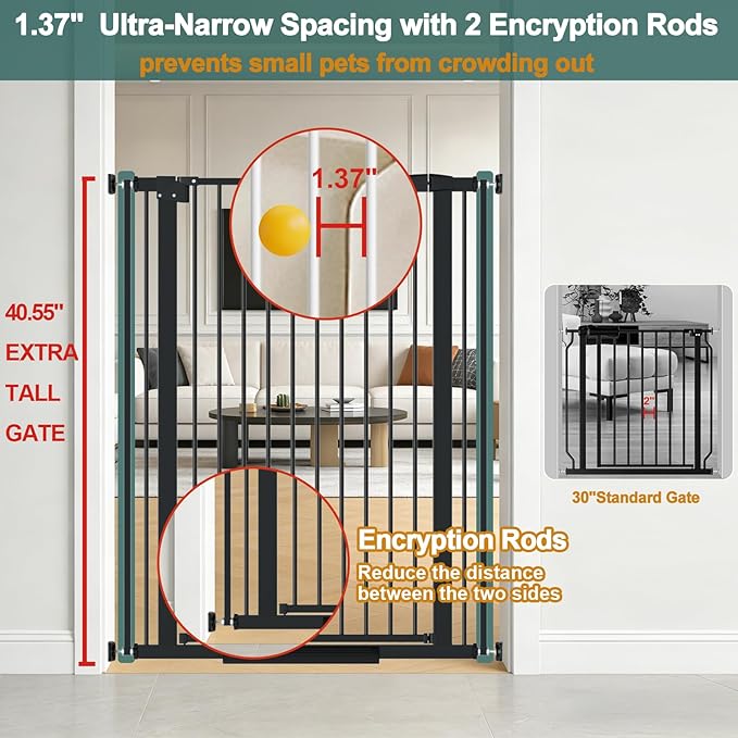 40.55" Tall, 34.05-45.86 Inch Wide, 1.37" Ultra Narrow Spacing Dog Pet Baby Gate Indoor for Doorway Hallway, Pressure Mounted 35 36 37 38 39 40 41 42 43 44 45 Inches Wide Black