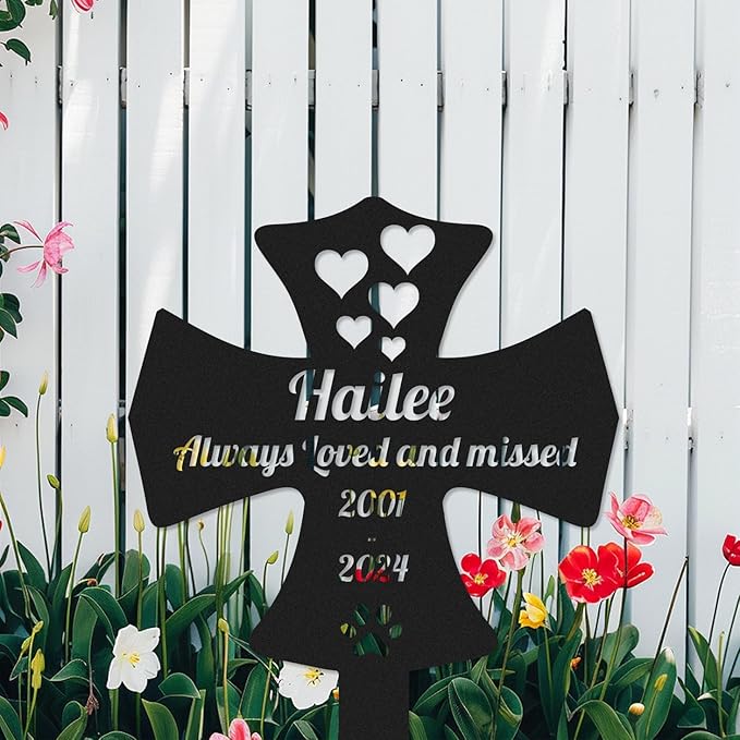 Personalized Metal Pet Memorial Stake Cat Dog Memorial Grave Marker, Custom Heart-Shaped Cross Plaque with Paw Pet Memorial Cross Stake for Cemetery Yard Lawn Garden