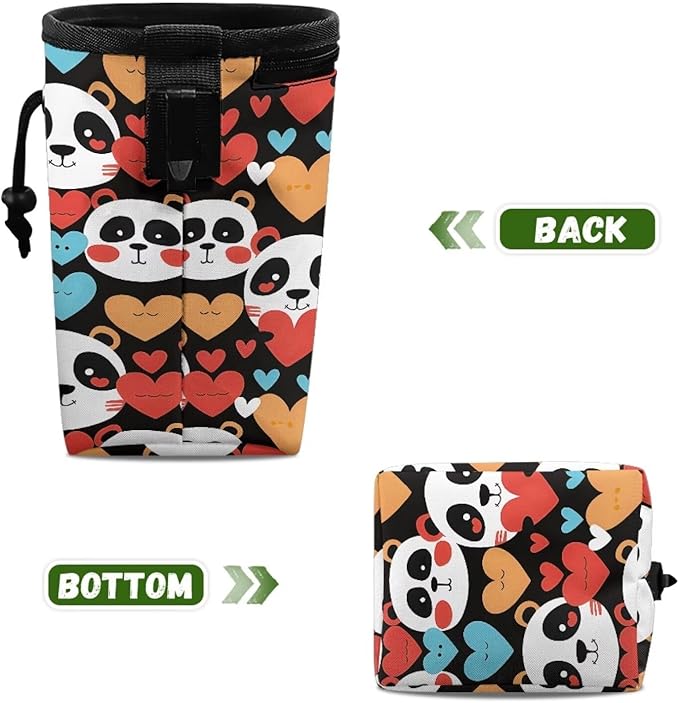 Panda Hearts Animal Walking Snack Container Dog Treat Bag Drawstring Closure Pouch Training Treat Bag for Pet Food Toy, Pet Feed Snack Reward Pocket with Waistband