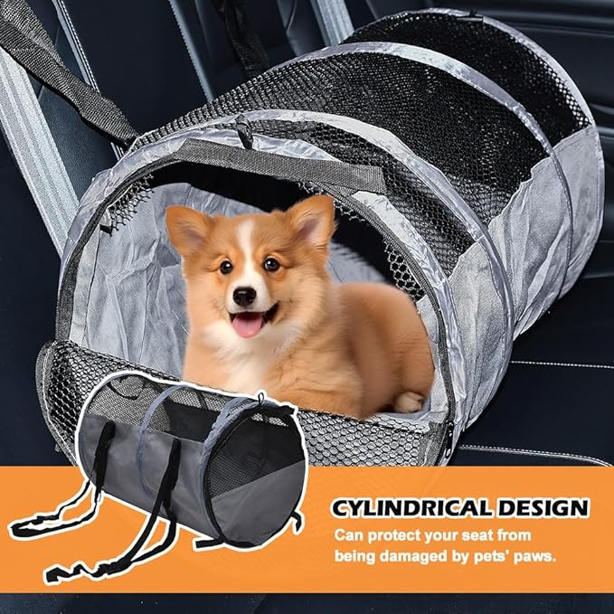 Puppy Dog Crate for Car Travel, Car Seat Portable Kennel for Small Dogs Cat, 23 Inchs Small Pet Crate, Foldable Pet Cage Carrier, Lightweight Sturdy Oxford Breathable Mesh Easy Install (Grey)