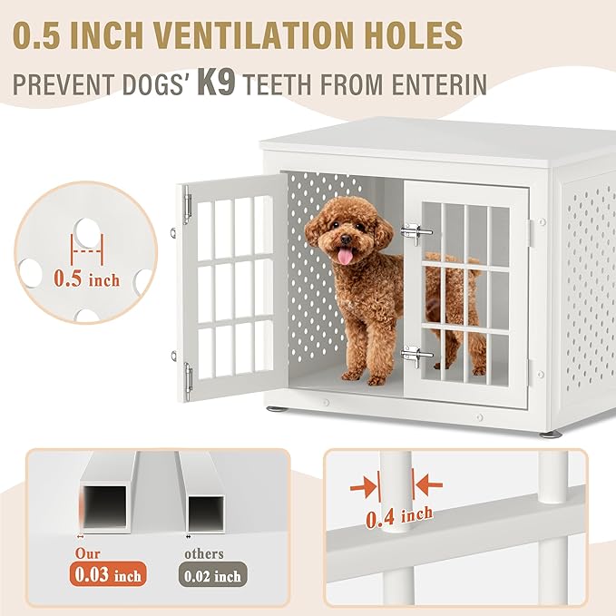 26" Heavy Duty Dog Crate Furniture for Small Dogs, Metal Kennel for High Anxiety Dogs, Chew Proof Pet Cage Indoor, Decorative Kennel End Table, White