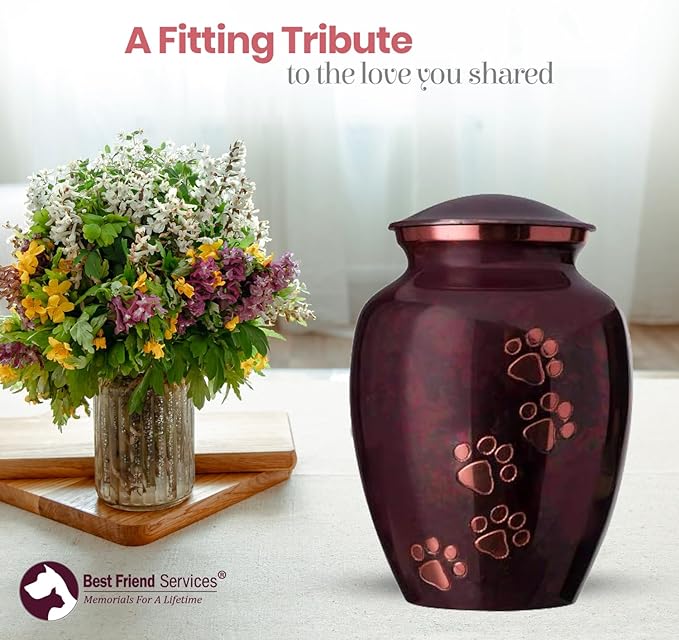 Ottillie Paws Legacy Series Pet Urn for Dogs, Handmade Brass Memorial Cremation Urn (Large - Pets up to 115 lbs, Raku, Vertical Brass Paws)