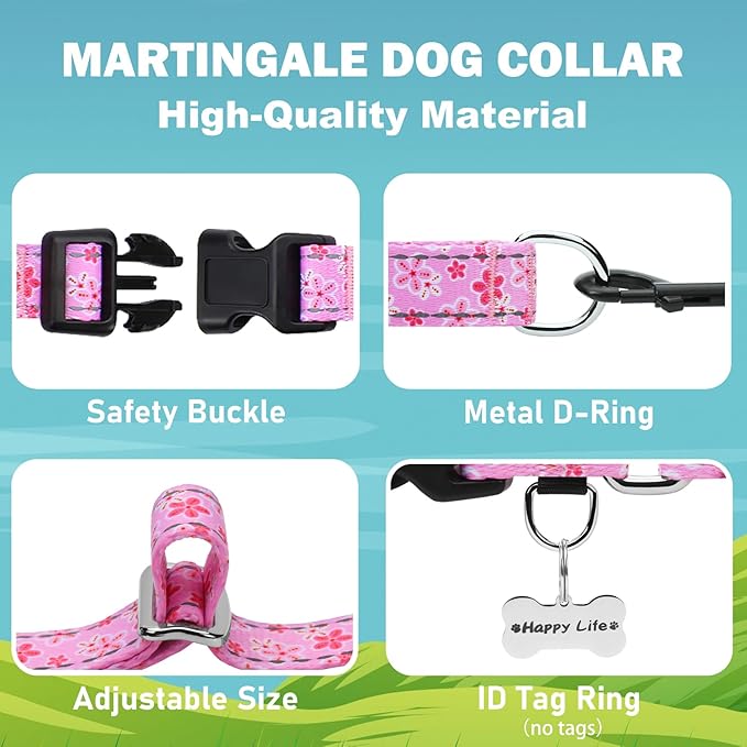 Reflective Martingale Collar for Dogs with Quick Release Buckle Cute Girl Female Flower Dog Collars (Pink Floral, Small)