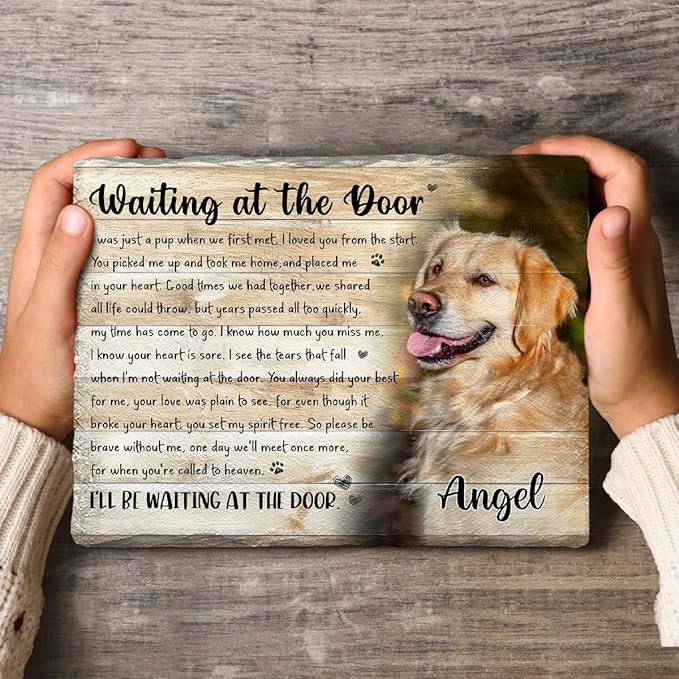 Personalized Dog Memorial Stone - Waiting at The Door Poem Plaque - Pet Loss Sympathy Gift for Dog Passing, Remembrance Keepsake for Mom Dad Friends, in Loving Memory Pet Tribute