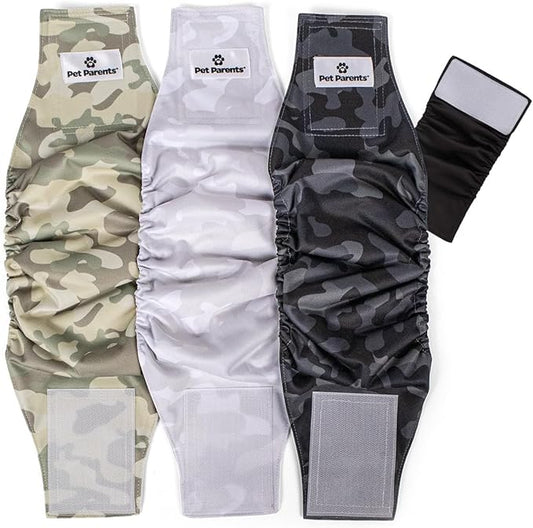 Pet Parents® Washable Belly Bands for Male Dogs (3pack) + Extendrs® of Durable Dog Diapers Male, Premium Male Dog Diapers & Dog Wraps (X-Small, Camo)