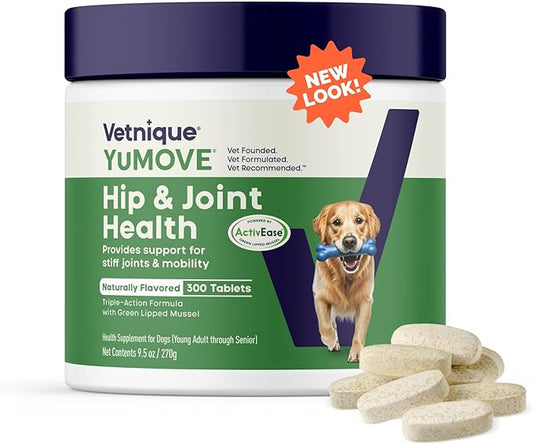 YuMOVE Hip & Joint Supplement for Dogs with Glucosamine, Hyaluronic Acid, Green Lipped Mussel & Omega 3 Joint Supplement - Regular or Advanced Strength (300 Count, Chewable Tablets)