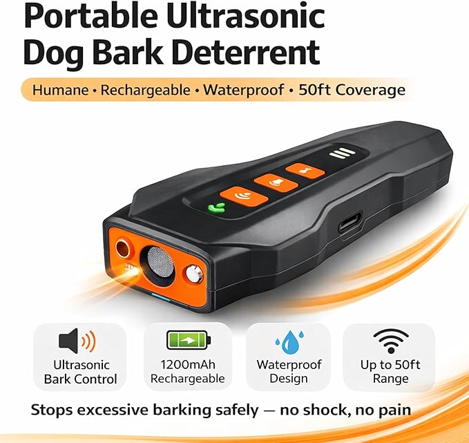 Dog Anti Barking Device - Portable Ultrasonic Dog Bark Deterrent with Rechargeable 1200mAh Battery, Waterproof, 50ft Coverage & 20-Hour Battery Life - Dog Barking Stopper Suitable for All Dogs