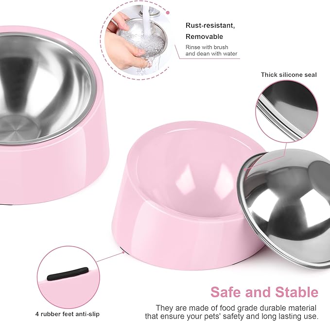 Tilted Dog Bowl Non-Slip & Non-Spill Pet Feeder with Elevated Detachable Melamine Stand, Easy to Get Food Dog Dish, S/100ml Pink