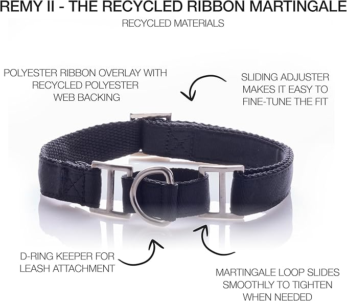 Remy II - The Recycled Ribbon Martingale Adjustable Collar No-Pull Pet Training Collars Dogs, Black, Small