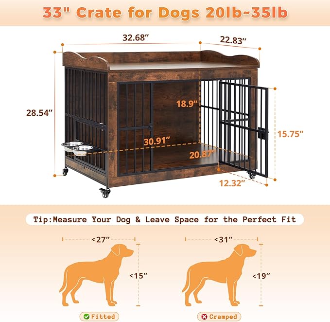 32" Dog Crate Furniture for Small Medium Dogs, Steel Solid Wood Dog Kennel Indoor, Escape-Proof Lock & Chew-Resistant, Home Décor Integration Multi-Purpose Pet Cage Furnitures