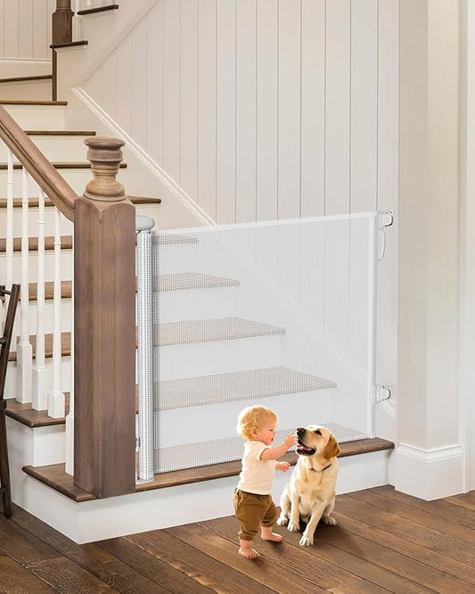 Retractable Dog Gate for Staris - Extends to 71" Wide, 34" Tall Baby Gates for Indoor Outdoor Use, Stair Gate for Hallways, Doorways, Deck, Porch, Need Drilling, White