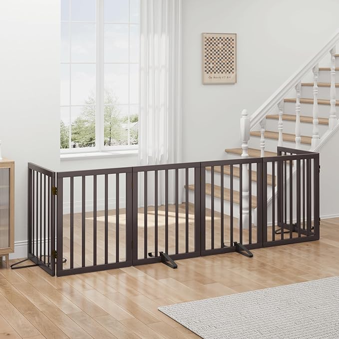 Dog Gates for Doorways, Foldable Dog Gate Indoor, Freestanding Pet Gates for Doorways Bedroom, Puppy Gate with Metal Support Feet, Room Divider 6 Panels (Brown)