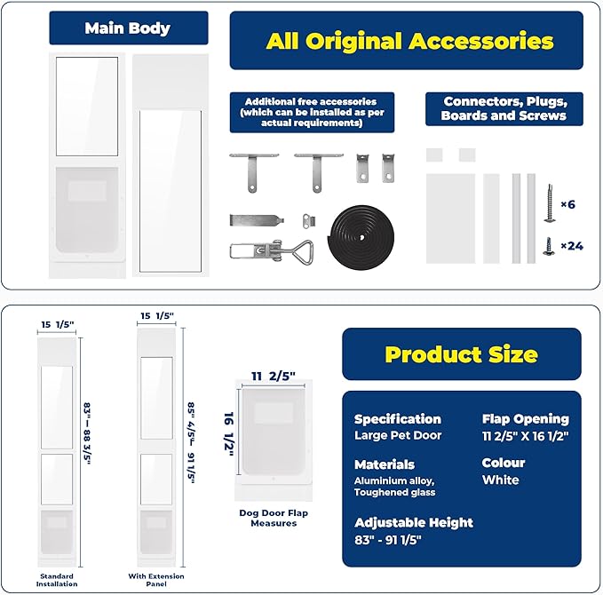 Large Dog Door for Sliding Glass Doors,No-Cut DIY Install Pet Door- Aluminum Frame& Panel & Lock, Adjustable Height 83”-91 1/5”, Suitable for Dogs Up to 105 lbs -White