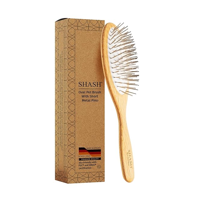 Since 1869 Hand Made In Germany - SHASH Oval Pet Brush With Long Metal Pins With Rubber Cushion - Helps Detangle Knots, Eliminate Frizz, Reduce Pulling & Snagging (Short Steel Pins)