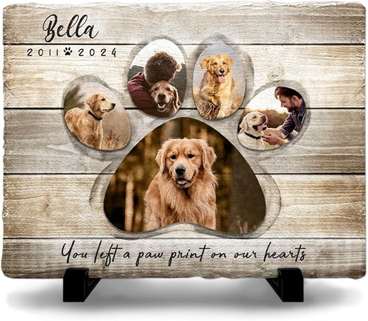 Paw Print on Our Hearts Custom Plaque with Photos - Forever Loved Pet Memorial Stone Gift for Dog Lover - Commemorative Garden Decor, Unique Stepping Stones in Loving Memory of Dogs, Pets