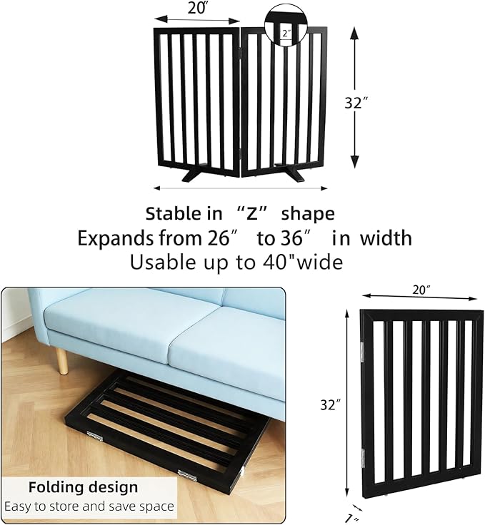 Dog Gate Indoor, Freestanding Dog Fence for The House, Doorways, Hallways,or Stairs,Pet Gate Foldable Wooden,Expandable 32" Height 2 Panels,Black