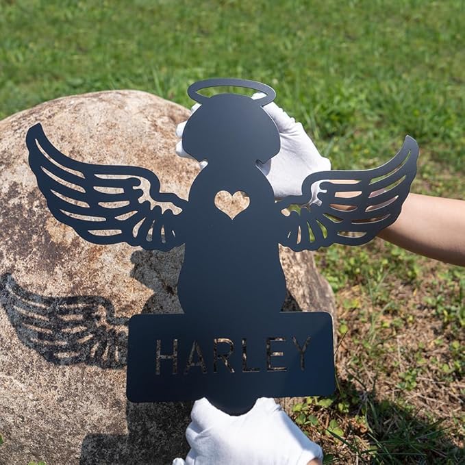 Personalized Pet Dogs Metal Grave Markers Signs Stake, Angel Dog Pet Loss Memorial Gift at Dog Tombstones Headstones Garden Outdoor, Sympathy Cemetery Gift for Lost Loved, 8inch, black