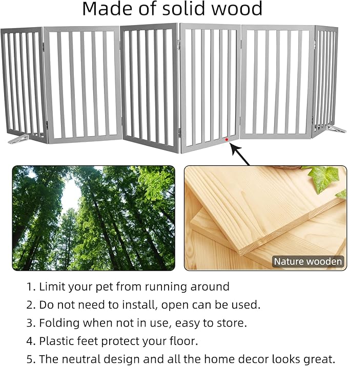 Dog Gate Indoor, Freestanding Dog Fence for The House, Doorways, Hallways,or Stairs,Pet Gate Foldable Wooden,Expandable 32" Height 6 Panels,Grey