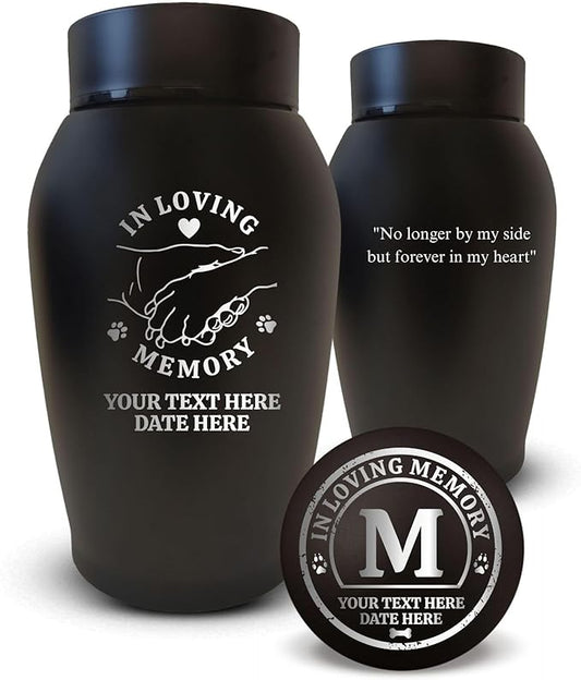 Personalized Custom Small Keepsake Urn Engraved with Pet Name, Date, and Dog Design - 5.2" Black Powder Coated Steel Cremation Urn for Dogs Ashes | Hand and Paw - Holding, Black