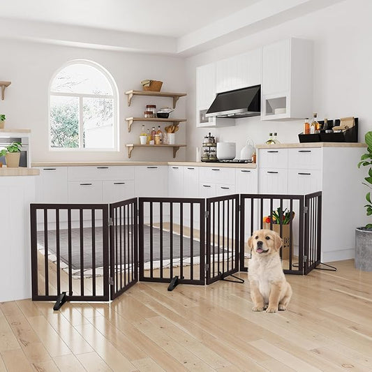 Semiocthome Bamboo Dog Gates for The House Extra Wide, 6-Panel Freestanding Pet Gates with 4PCS Metal Stands for Doorways and Stairs, 24“H Foldable Dog Fences Indoor, Expands Up to 110" (W) Espresso