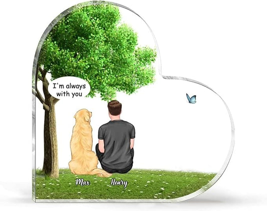 Gossby Personalized Heart-shaped Dog Memorial Acrylic Plaque - Custom Dog Remembrance Gift For Dog Dad With Design, Names - Dog Memorial Gift For Men Dog Lover - Gifts For Him - No Quote - Man 1 Dog