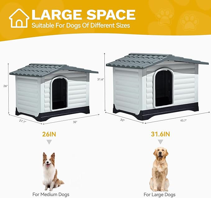DWVO 43.7'' 2-Door Dog House with Elevated Base & Cushion, Plastic Pet House for Small, Medium, and Large Dogs, Easy Assembly, Water-Resistant for Indoor/Outdoor Use (43.7''L x 33''W x 31.6''H)