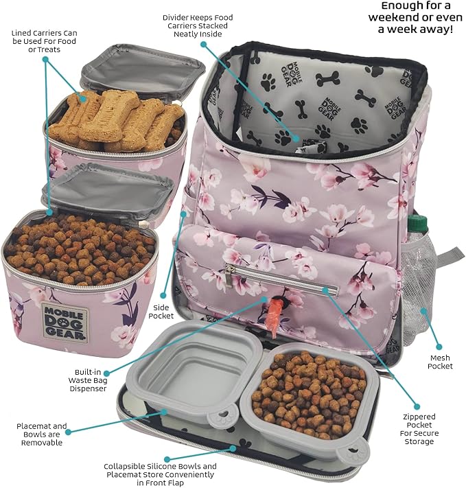 Mobile Dog Gear Week Away Dog Travel Bag Backpack (13"x7"x16", Floral) - Includes 2 Pet Food Storage Containers + 2 Collapsible Dog Water Bowls - Airline Approved Travel Accessories, Great for Trips