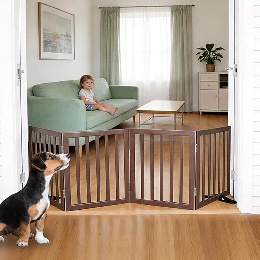 ZJSF Freestanding Indoor Dog Gate for House Foldable Wood Puppy Gate for Doorways Pet Gate for Stairs Extra Wide Pet Fence, Brown, 24" Height 4 Panels
