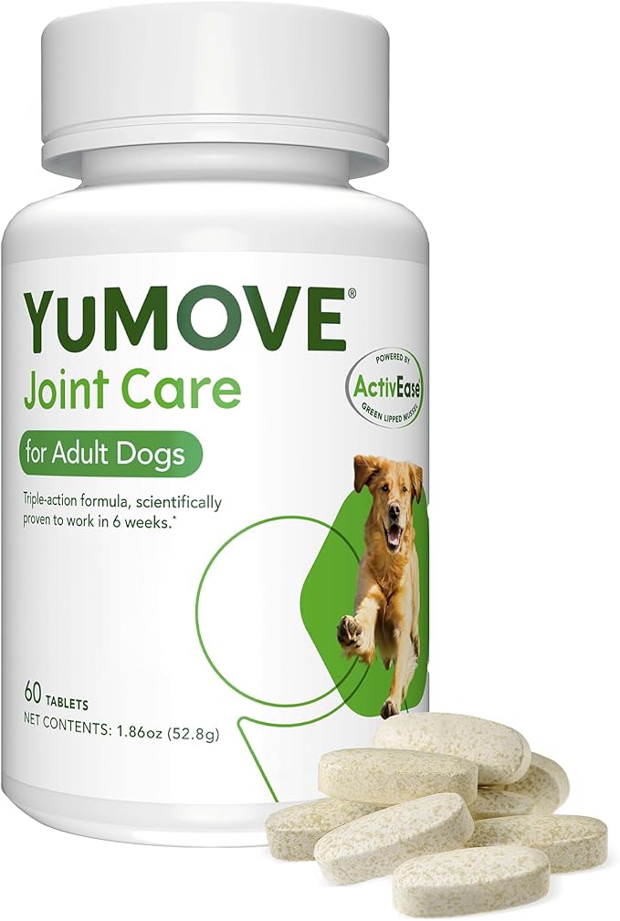YuMOVE Hip & Joint Supplement for Dogs with Glucosamine, Hyaluronic Acid, Green Lipped Mussel & Omega 3 Joint Supplement - Regular or Advanced Strength (60 Count, Chewable Tablets)