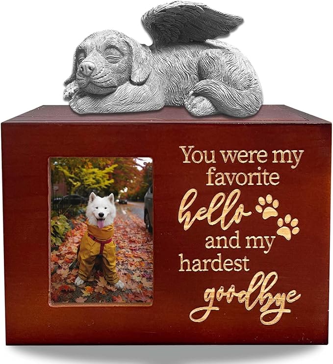Dog Urn - Red Wooden Urns for Ashes Cremation Urn Box Keepsake Comes with Dog Angel