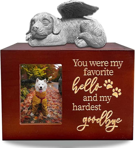 Dog Urn - Red Wooden Urns for Ashes Cremation Urn Box Keepsake Comes with Dog Angel