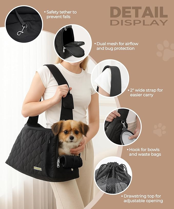 Dog Carrier Sling for Small Dogs, Front Cat Sling & Cats Up to 15 lbs, Dog Purse with Adjustable Strap Front Zipper Pocket, Double Safety Feature, Hands Free for Travel