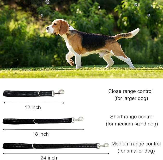 Thick Dual Padded Handle for Dog Training Control, 18 Inches Traffic Dog Leash Short with Reflective Stitching, Heavy Duty Short Hand for Small to Strong Sized Dogs Training Leash Black 1.5FT