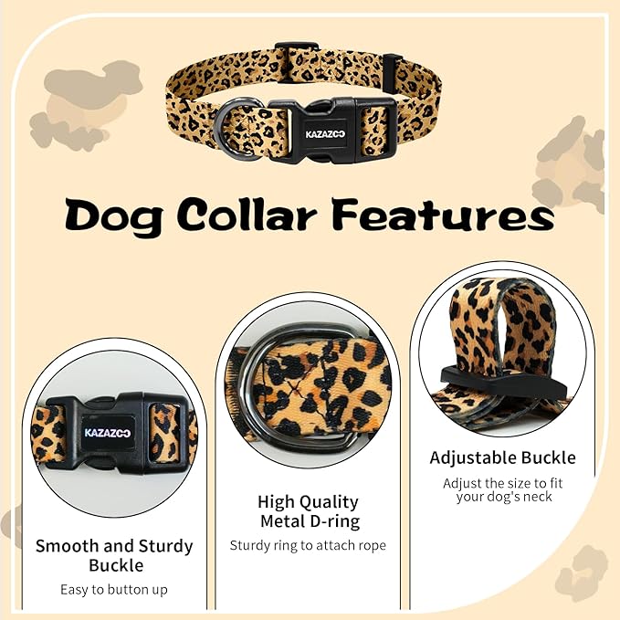Kazazoo Dog Collar Cute and Soft Nylon Puppy Collar for Boy and Girl, Adjustable Dog Collars for Small Medium Dogs, Brown Leopard-M