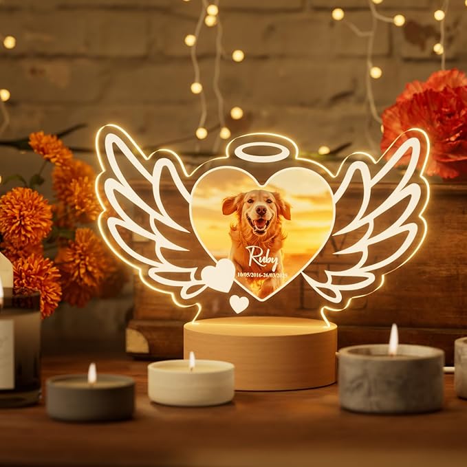 Bemaystar Dog Memorial Gifts for Loss of Dog Pet Memorial Gifts for Dogs Cat Memorial Gifts Custom Pet Memorial Night Light Pet Loss Gifts, Memorial Plaques for Dog Memorial Picture Frame - Wings