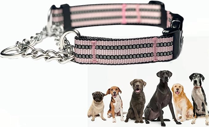 Martingale Collars for Dogs, Heavy Duty Stainless Steel Chain Training Collar, Reflective Nylon Adjustable Collar with Quick Release Buckle, Suitable for Puppy Medium Large Dogs ((Pink, XS)