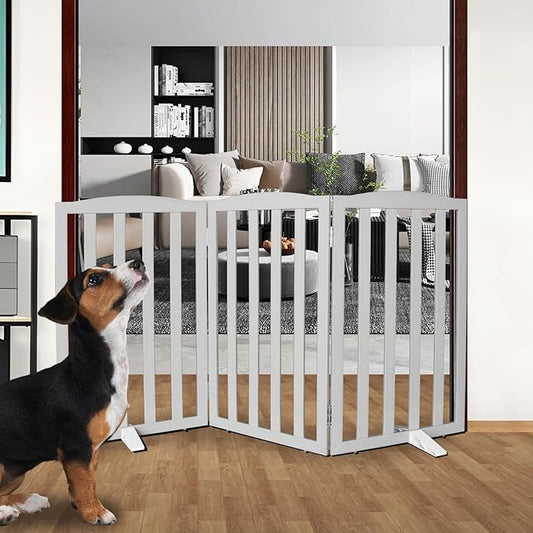 Freestanding Dog Gate Indoor,Doggie Gate Foldable Pet Gates for Doorways,Stairs or Hallways, Wooden Grey Pet Gate for the House, Pet Fence with Support Feet Included,32 "Height-3 Panels